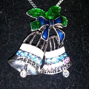 Blue Crystal Merry Christmas Bells Brooch Pendant